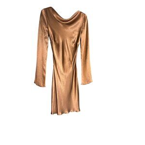 Anthropologie XXS Brown Satin Long Sleeve Mini Dress Cowl Neck Back Tie NWT